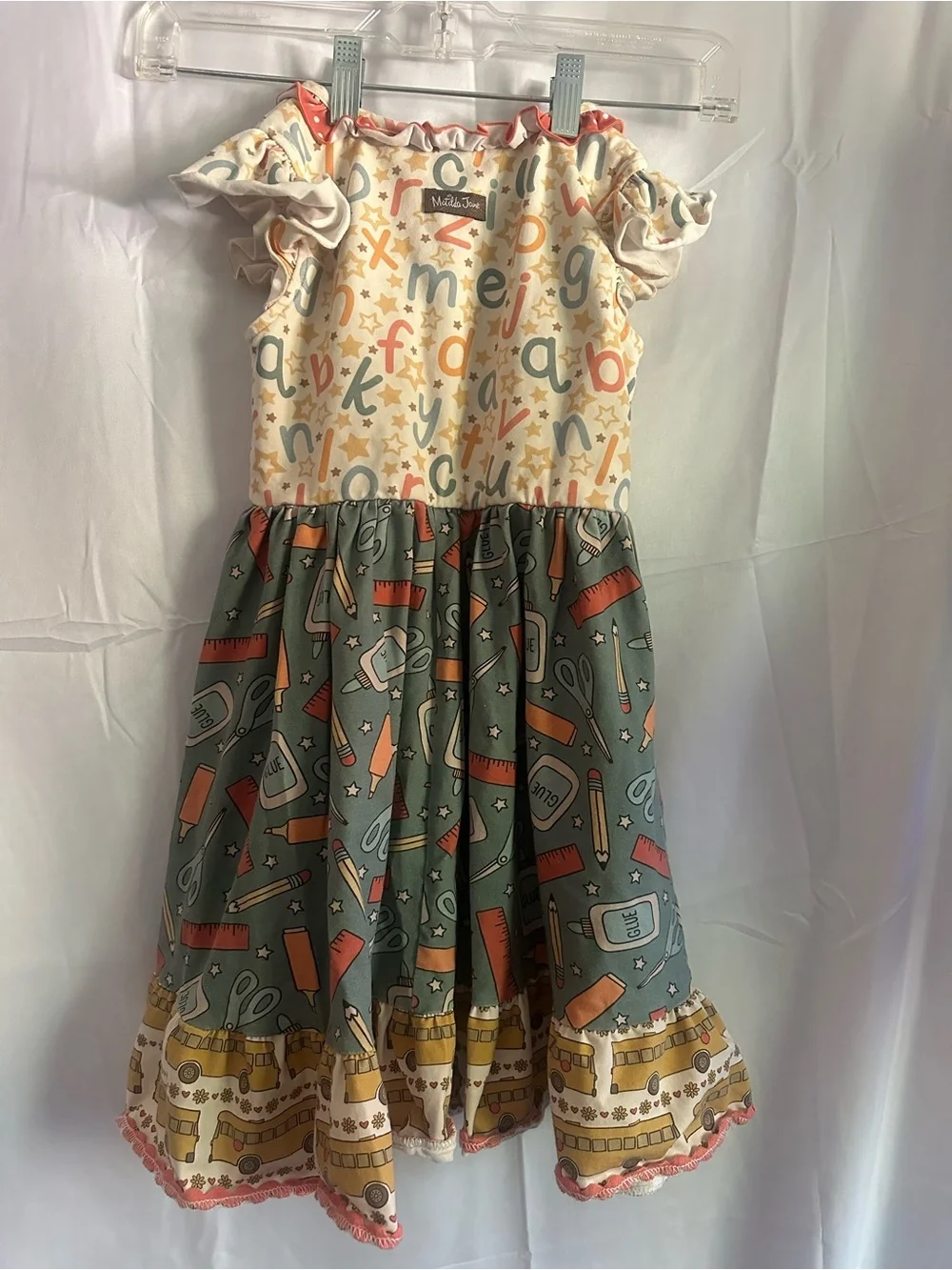 Matilda Jane School Supplies Print Dress in Green, Cream & Coral